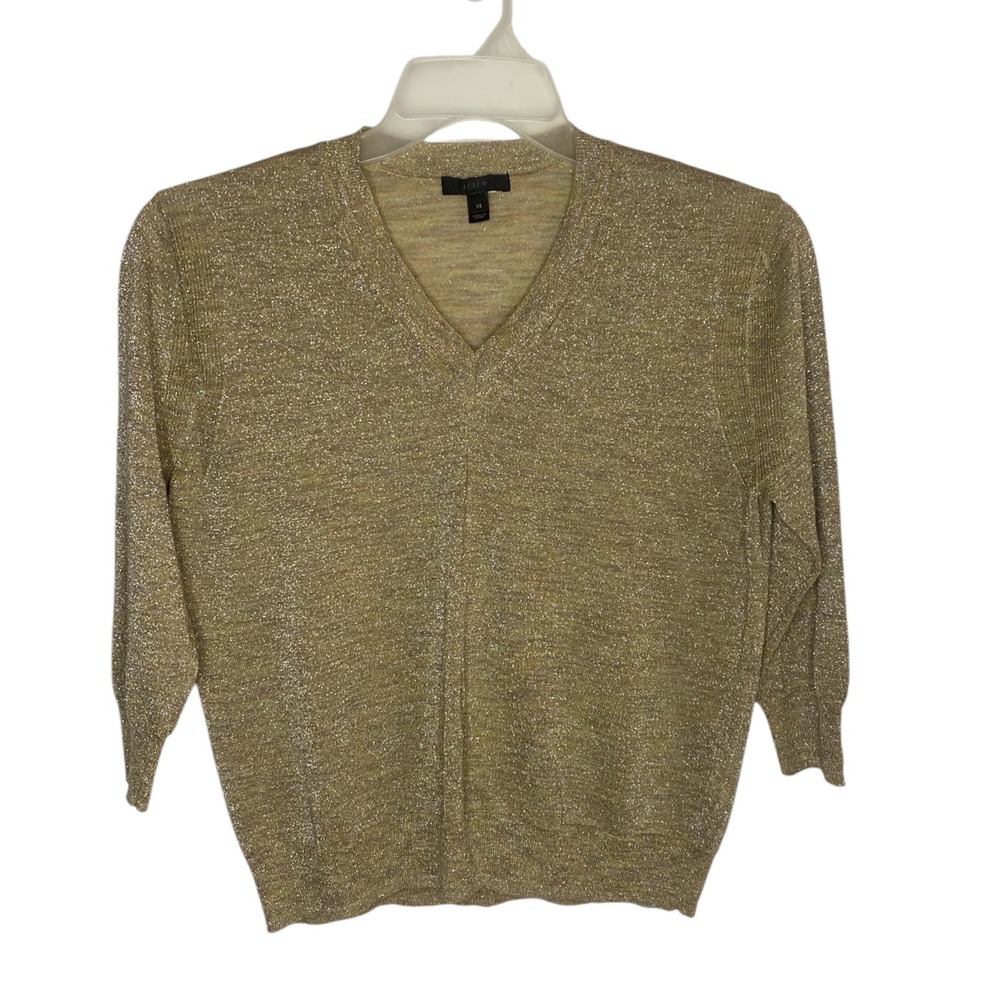 J Crew Womens Gold Metallic V Neck Pullover Sweater Sheer 3/4 Sleeve Size XS